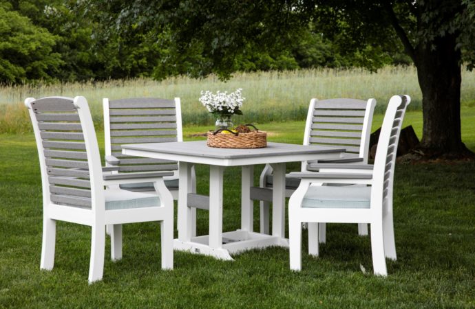 44 Inch Square Homestead Table with Classic Terrace Dining Chairs - Driftwood Gray on White