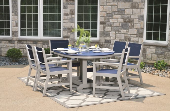 44x64 Oblong Table in Navy on Light Gray with Mayhew Sling Dining Chairs