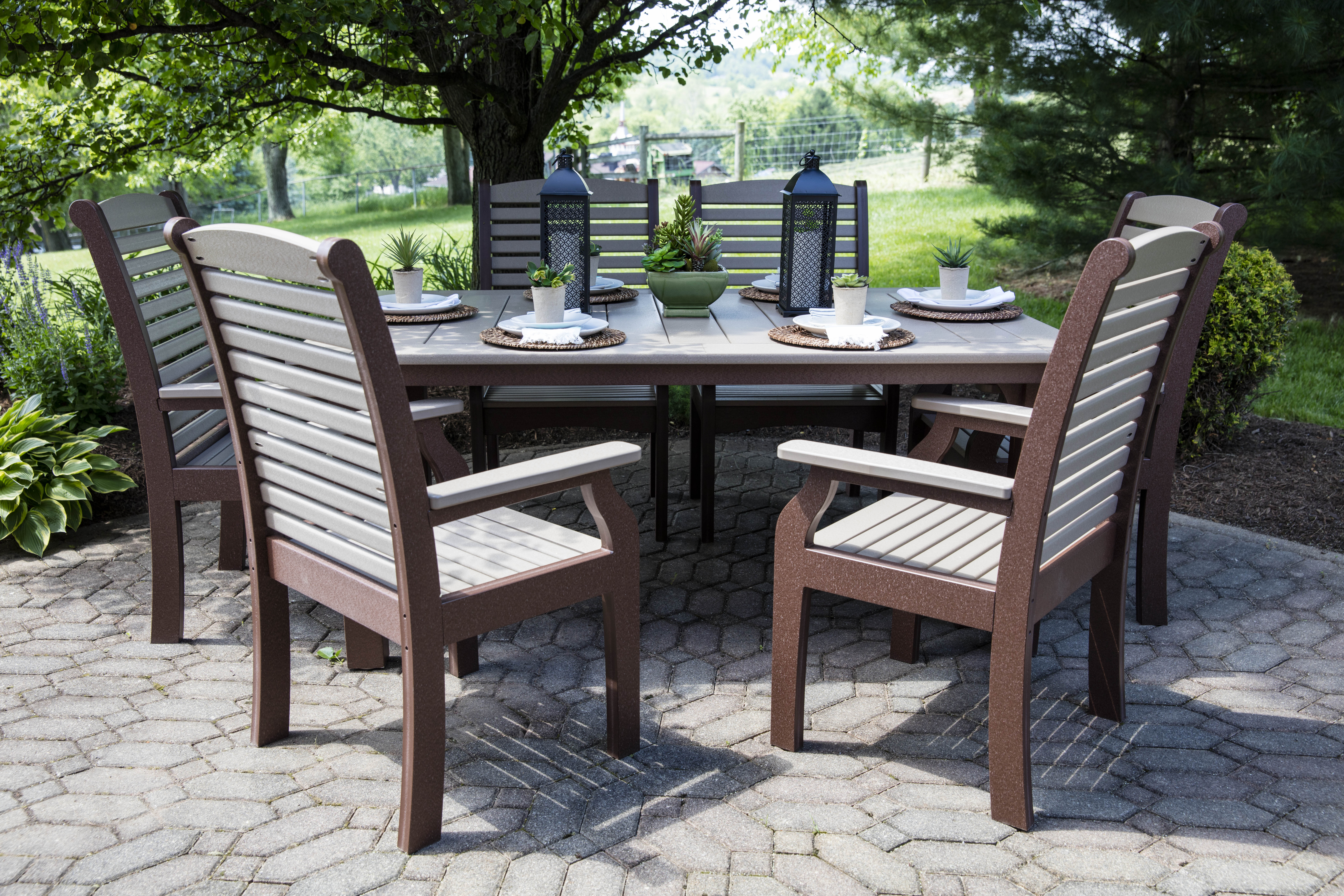 44 x 72 Rectangular Homestead Table and Classic Terrace Dining Chairs with Weatherwood on Chocolate Brown.