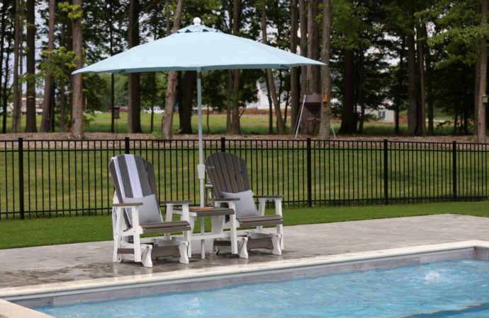 Comfo Back Single Gliders & Gliding Settee Table - Coastal Gray on White , Umbrella Canvas Air Blue with White Pole