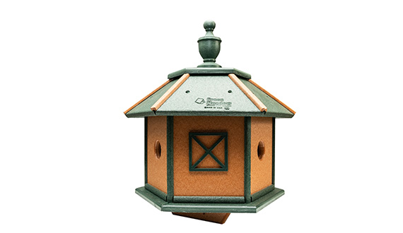 Octagonal bird house with entrances on several sides.
