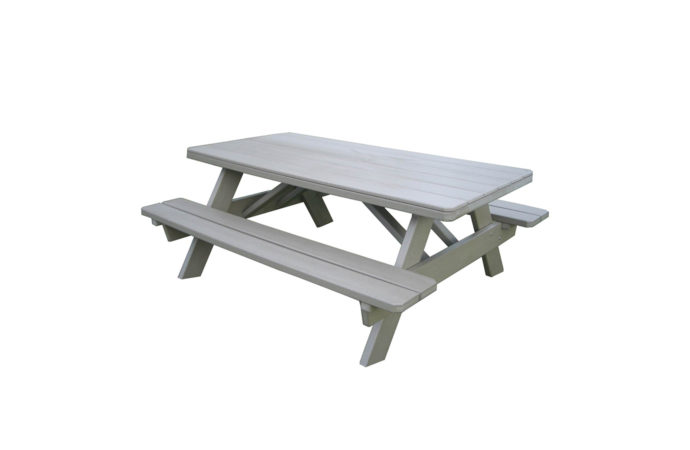 Poly picnic table with benches attached.