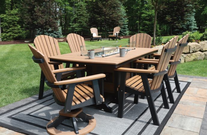 44 by 72 inch Garden Classic Fire Table and Comfo Back Chairs - Antique Mahogany on Black.