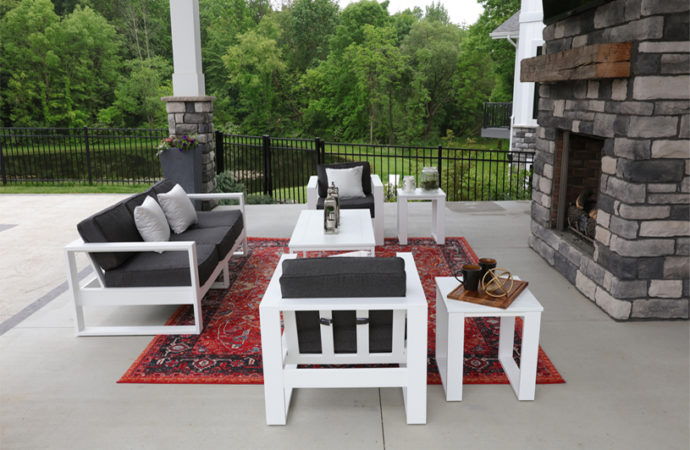 Nordic patio furniture set with cushions.