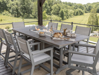 44 inch by 96 rectangle fire table in Coastal Gray on Driftwood with Mayhew sling chairs